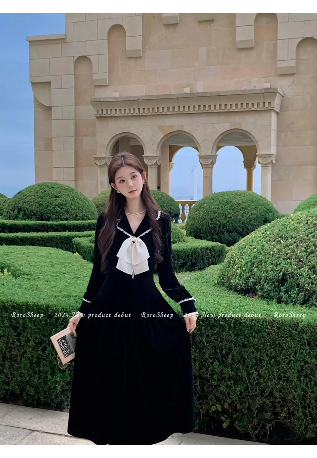 Elegant Vintage Lapel Midi Dresses for Women Bow Long Sleeve Birthday Party Dress A-line Autumn New Korean Fashion Vestido Mujer