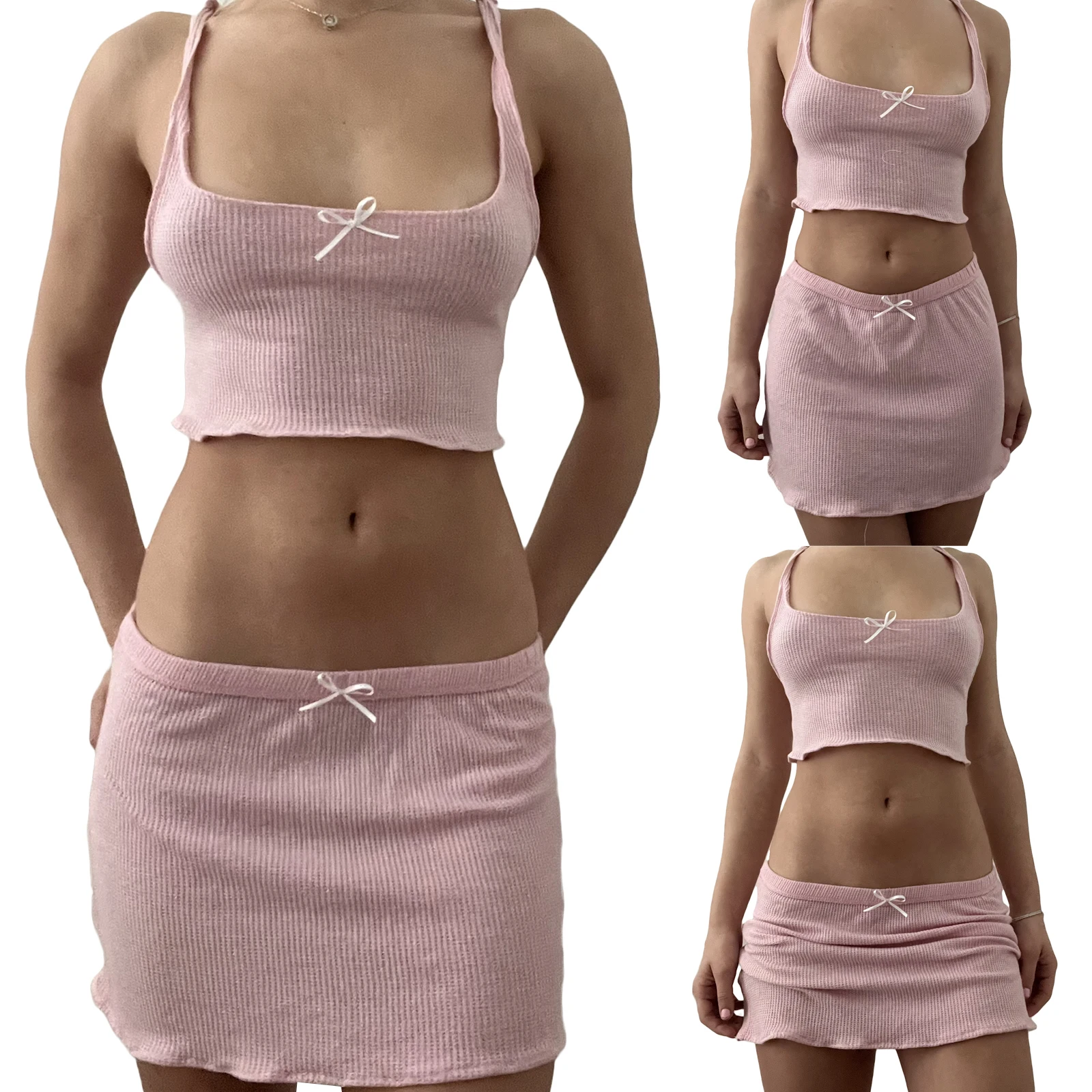 

Women Pink Skirt Set Bowknot Sleeveless Backless Camisole with Low Waist Mini Solid Skirt for Party Club