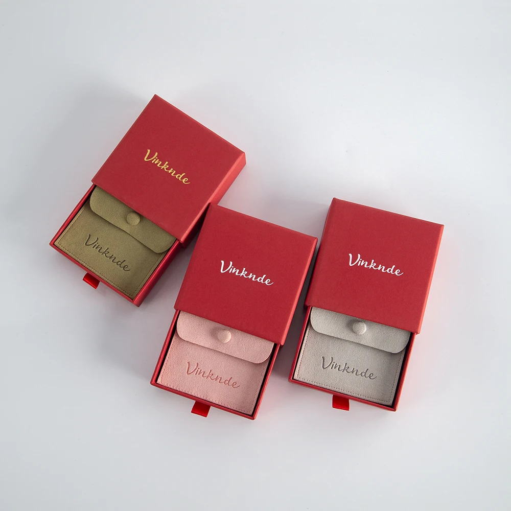 Small 8x8cm Microfiber Suede Gift Bag Snap Button Pouch 9x9x3.2cm Red Paper Drawer Box Earring Jewelry Packaging Organizer Case
