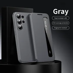 Premium Smart Side Window Flip Leather Phone Case Cover - Galaxy S23 Ultra (Gray)