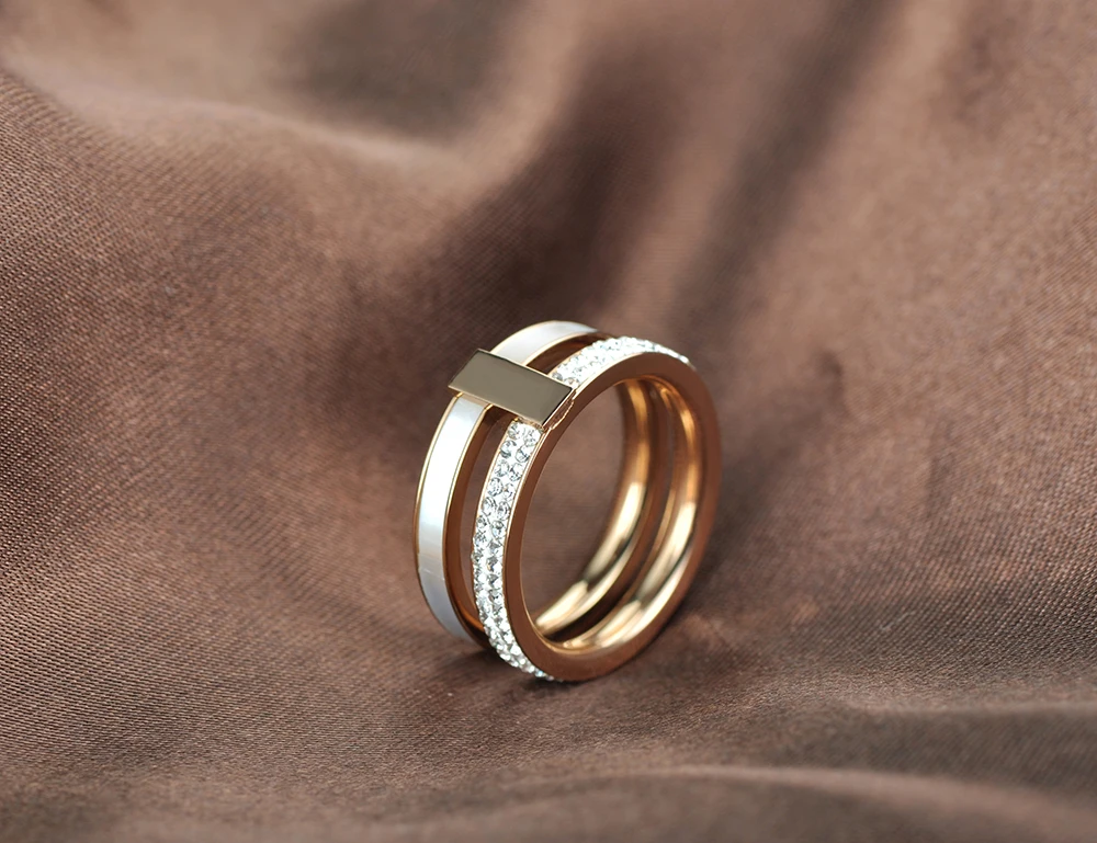 Wedding Rings Women 316L Stainless Steel Rose Gold Rhinestone Shell