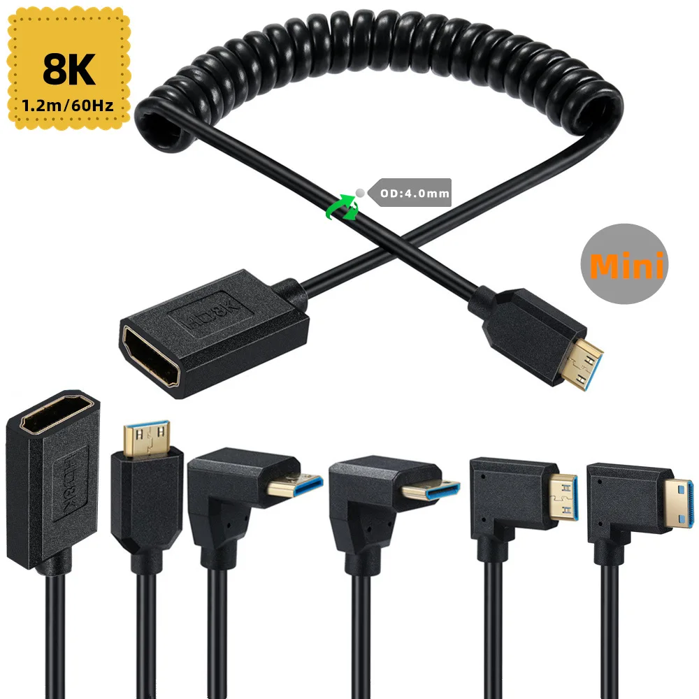 2.1V Super Extreme Slim Mini Hd To Hd Female Coiled Spring Cable Adapter 8K For Raspberry Pi, Dslr Camera, Camcorder, Projector