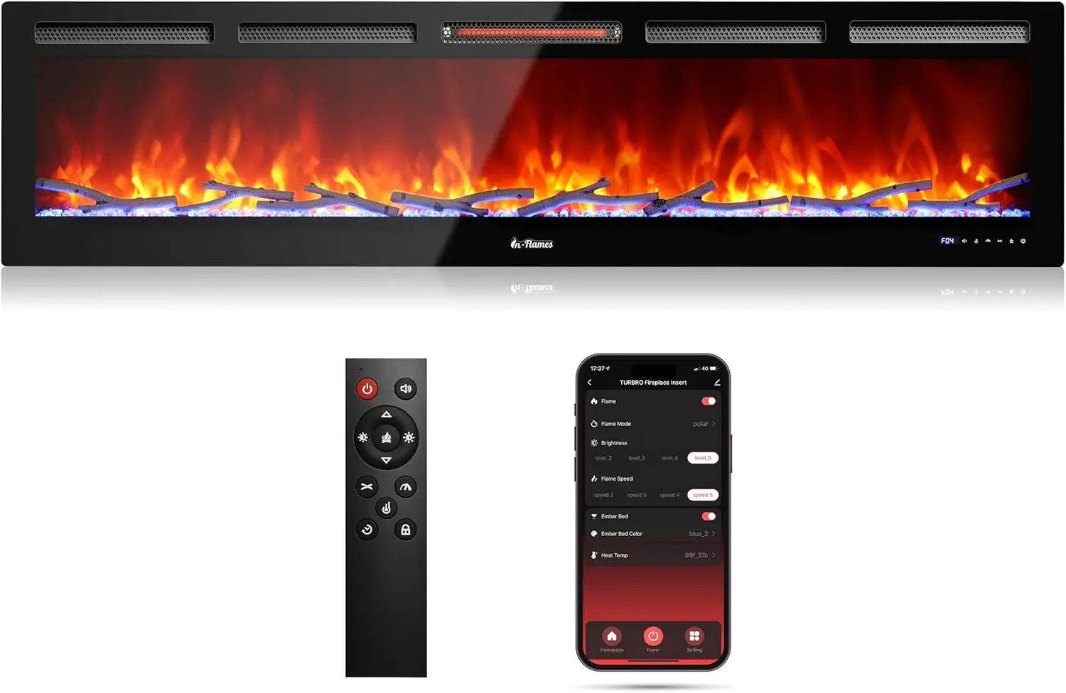 72&rdquo; Smart WiFi Infrared Electric Fireplace with Sound Crackling and Realistic Flame 1500W Quartz Heater Recessed or Wall Mounted