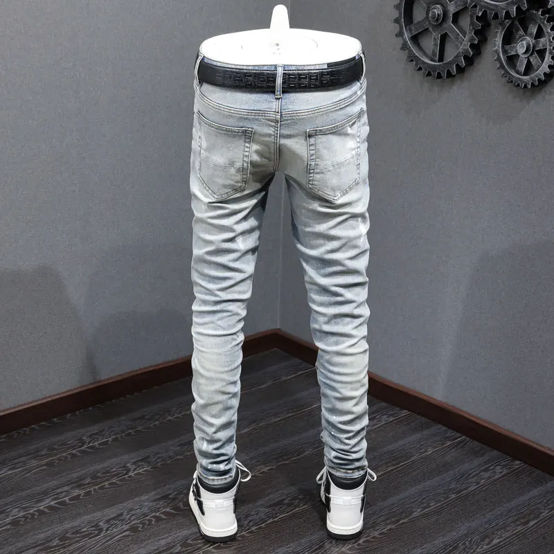High Street Fashion New Jeans Elastic Slim Fit Retro Light Blue Jeans Black Patch Colored Hip Hop Brand Designer Pants hombre