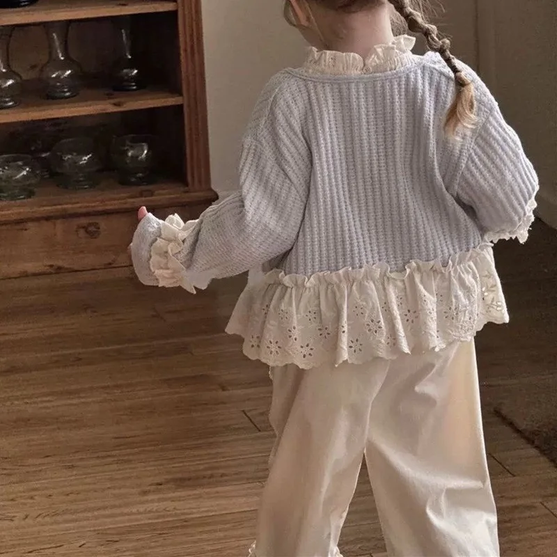 아동 의류 소녀 겉옷 봄 여름 얇은 레이스 니트 가디건 소녀를위한 어린이 긴 소매 탑 패치 워크 자켓