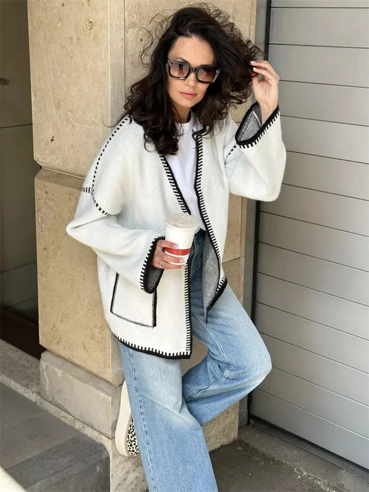 Knit Contrast Cardigan Sweater For Women Lace-Up Pocket Long Sleeve Patchwork Loose Coat Autumn Knitwear Women's Outwear