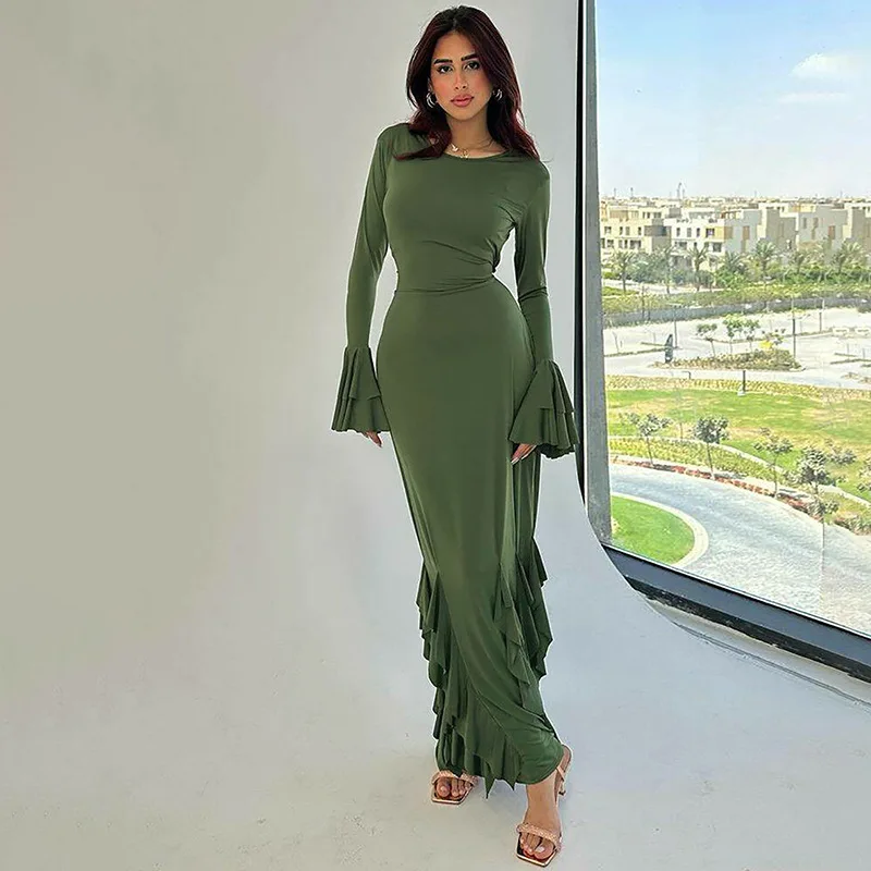 O Neck Knit Ribbed Long Sleeve Ruffles Women'S Dresses Elegant Evening Manufacturer Casual Y2K Prom Ladies Dress