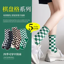 Checkerboard Socks Women Autumn Winter New Medium Tube Socks Cotton Breathable Personality Checkered Socks White Long Socks