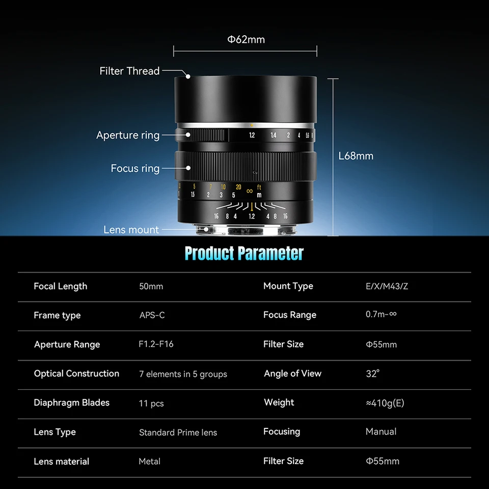 7artisans 50mm F1.2 APS-C 수동 초점 대구경 단렌즈 E ZV-E10 알파 7 IV 후지 X X-T5 니콘 Z M43 마운트용