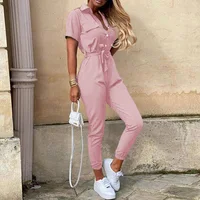 2025 European and American summer women's wear long pants casual lapel buttoned floral belt workwear jumpsuit - Image 3
