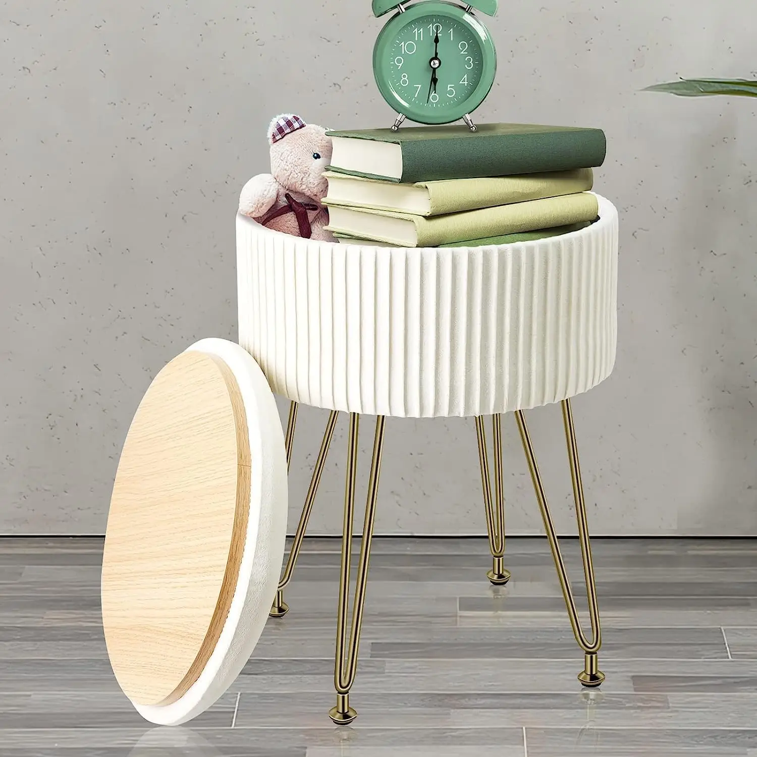 

Stool Ottoman with Storage, Velvet Storage Ottoman Round Footrest Stool with 4 Solid Metal Legs, Upholstered Pleated Vanity Chai