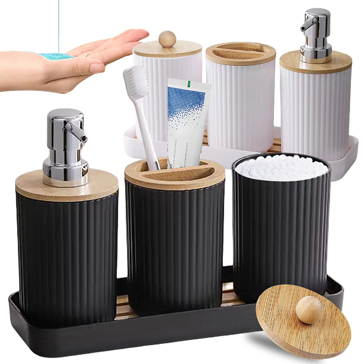 Bathroom Accessories Set Vanity Counter Soap Dispenser Toothbrush Cotton Swab Holder Tray Set Bathroom Decor Apothecary Jars