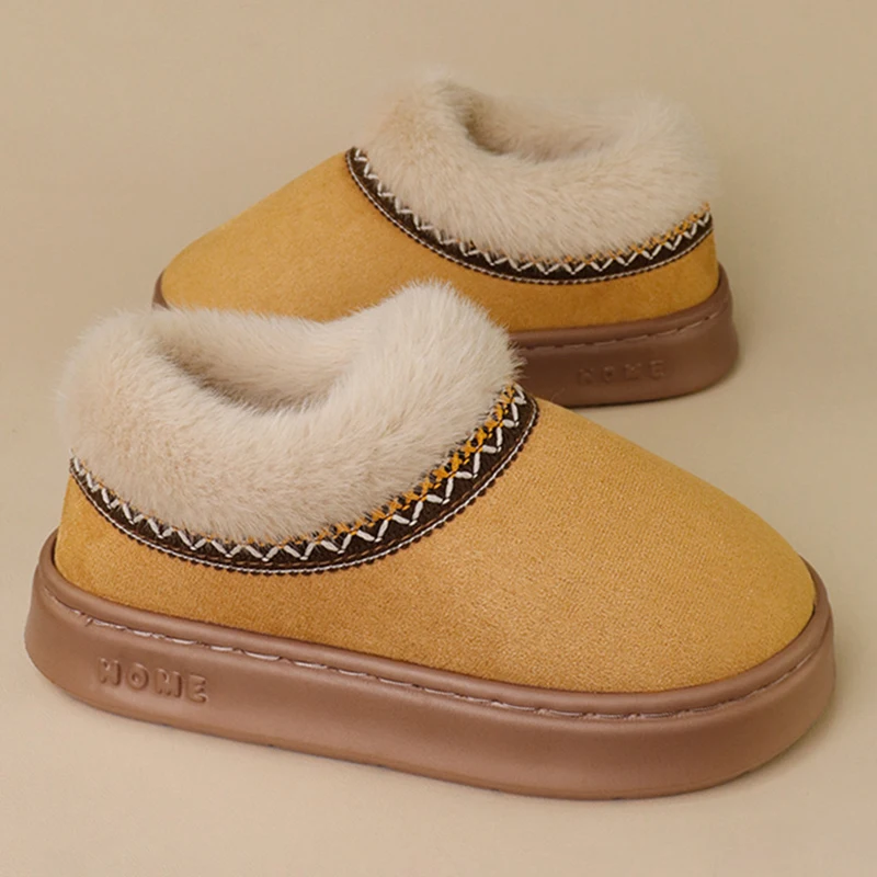 National Style Embroidery Fluffy Cotton Slippers Women Thick Sole Non Slip Faux Fur Slides Woman Short Plush Snow Boots Female
