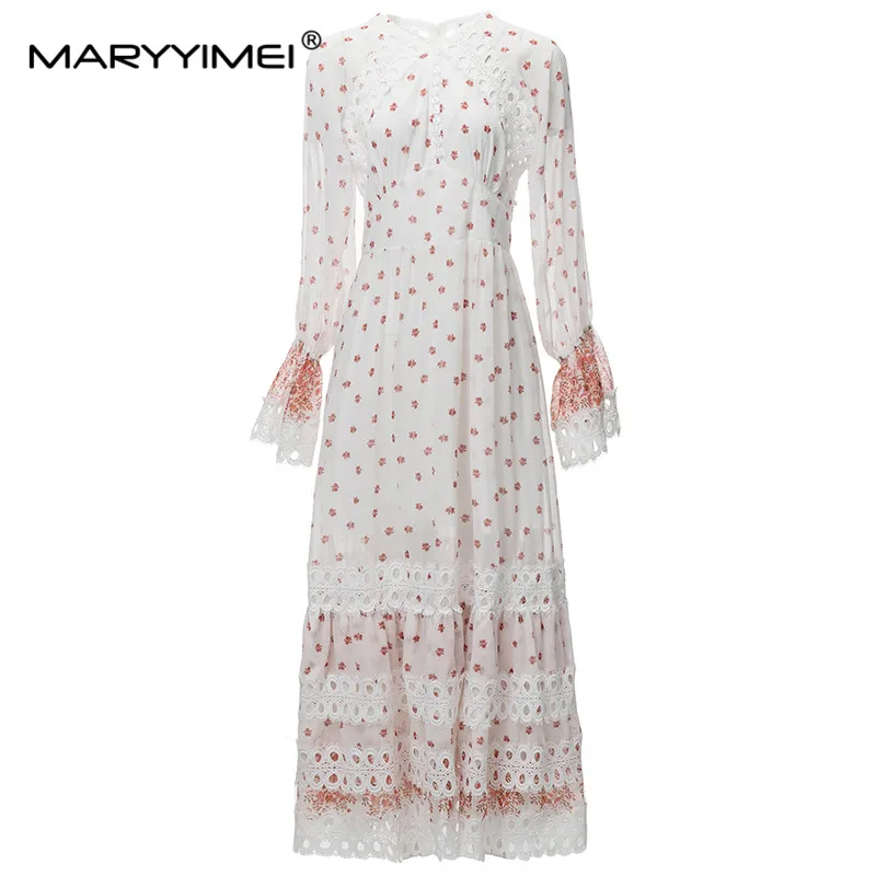 

MARYYIMEI New Fashion Runway Designer Women's Clothing V-Neck Flared Long Sleeve Printed Hollow Out Flowers Splicing White Dress