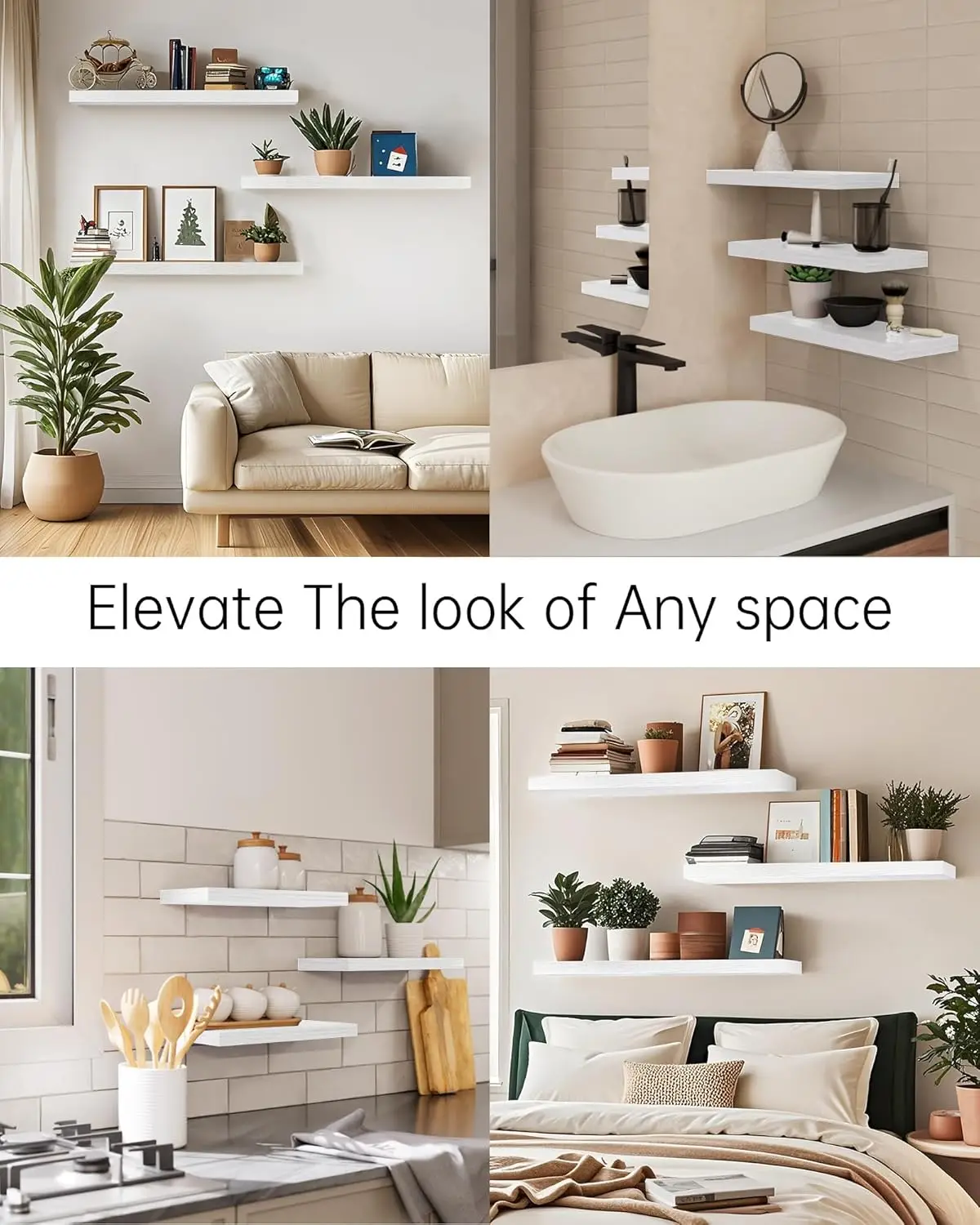 22.5" Floating Shelves. Wall-Mounted Rustic Wood Shelves. Bathroom, Bedroom, Living Room. White, Set of 3