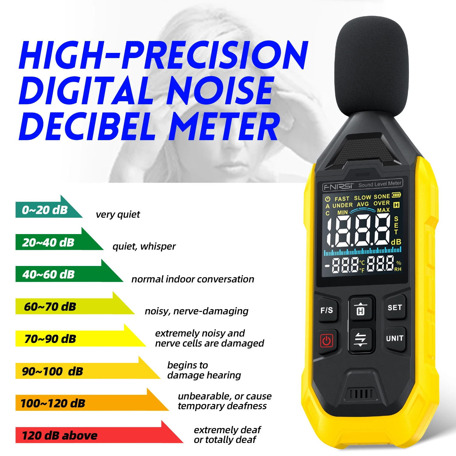 Smart Digital Noise Meter 30~130dB A Weight Sound Level Tester Rechargable DB Audio Temperature Humidity Measure Tools Data Hold 3