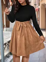 Women's patchwork dress with two-color waistband, plus size, autumn and winter, large size, double-color belt, A-line dress, can - Image 3