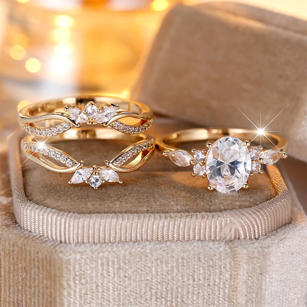 White Zircon Oval Stone Cute Flower Ring Sets For Women Vintage Gold Color Engagement Bands Wedding Jewelry Set Versatile Gifts