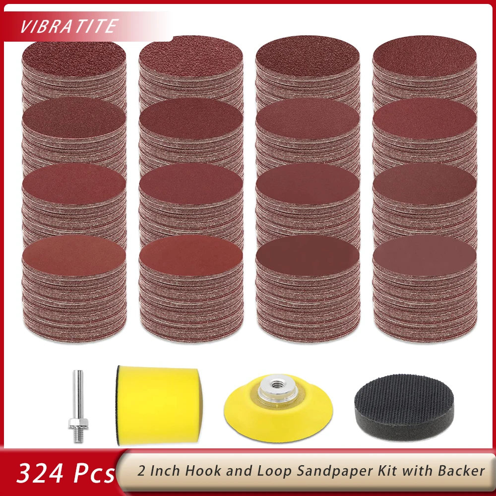 

324 PCS 2 Inch Sanding Discs Set Hook and Loop Sandpaper 40-2000 Grit Assorted Grinding Pad with 1/4 Inch Shank Backer Plate