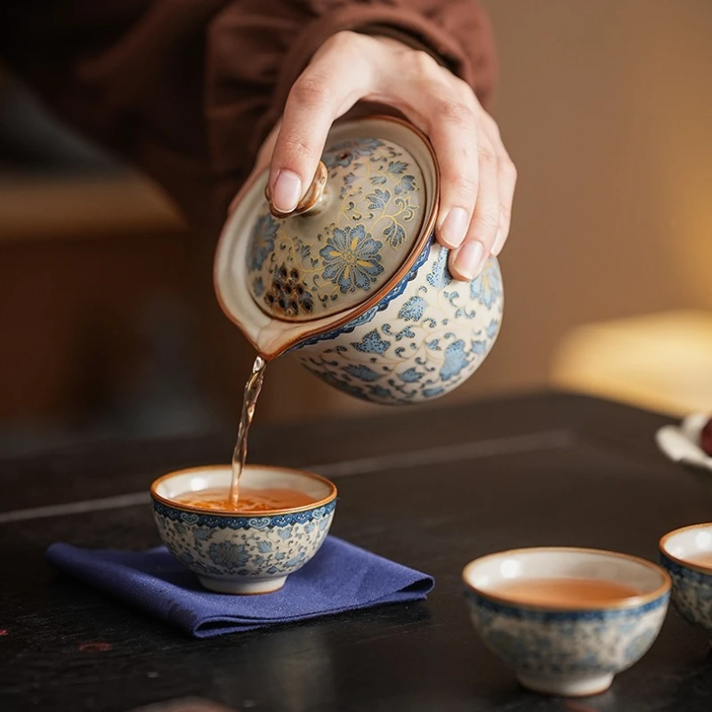 Blue & White Ru Porcelain Travel Tea Set - 1 Teapot 3 Cups, Portable Kung Fu Ceremony Kit with Lotus Pattern & Compact Case