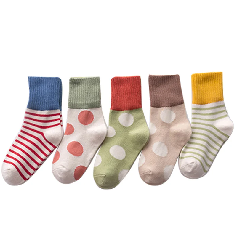 1-12 Year 5 pairs pack Children's socks Winter new horizontal stripes dot striped socks princess kids socks