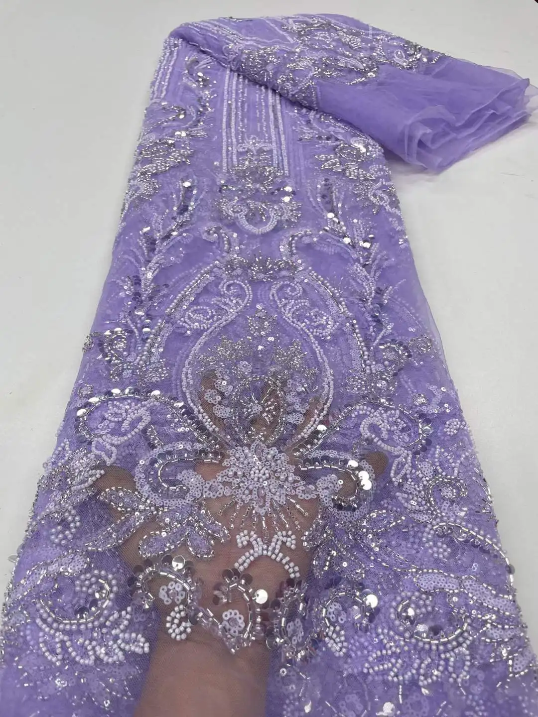 

African Sequins Lace Fabric 2023 High Quality Handmade Beaded Lace Material Nigerian French Net Lace Fabric For Wedding RC155Y-1