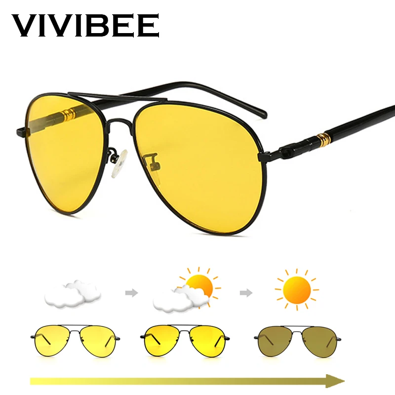 VIVIBEE Color Change Photochromic Sunglasses Men Pilot Driving Yellow Polarized Women Sun Glasses Aviation Day And Night Vision
