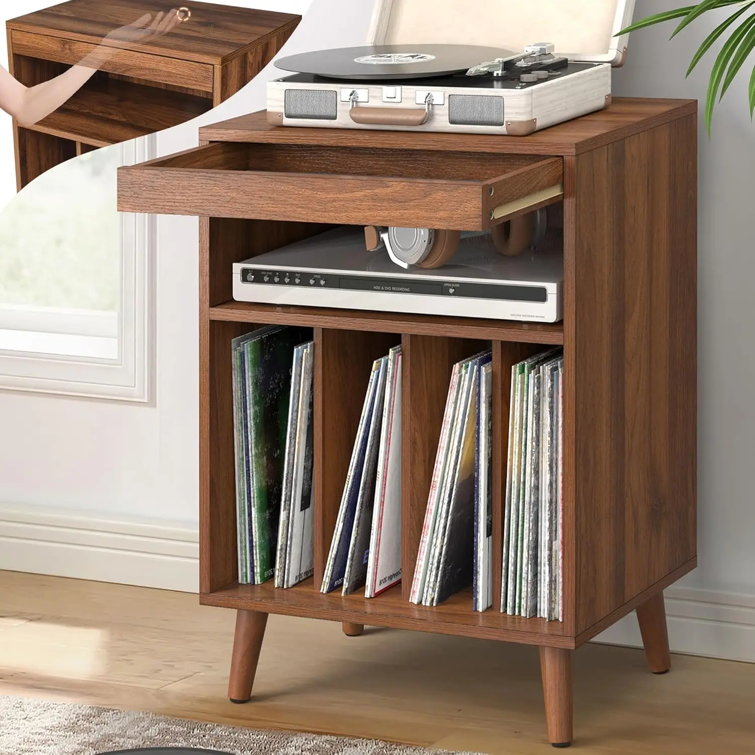 Comfort corner Walnut Turntables, Record Player Stand Table with Wood Legs, Concealment Furniture with Vinyl Storage