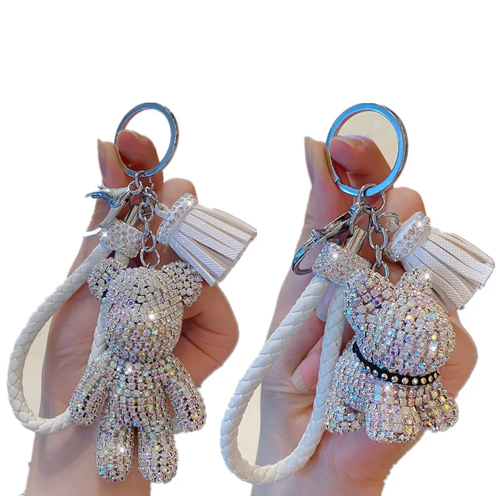 Rhinestone Bulldog Bear Keychain Car Pendant Tassel Keyring Bag Jewelry Accessories Ladies Gift Car Keychain Full of Diamonds 3