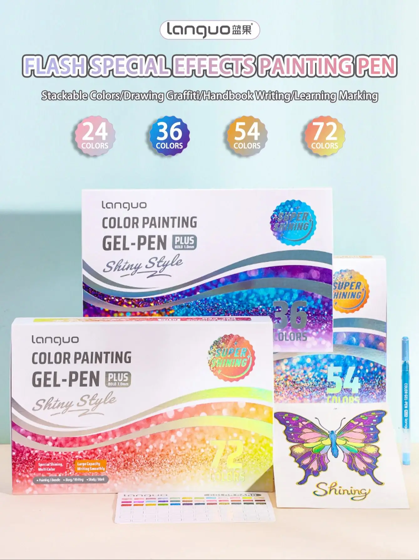 Languo 16/24/36/54/72-Farben-Glitzer-Stiftset in neutraler Farbe, 1 mm, extragroßes Fassungsvermögen, geeignet zum Zeichnen, Journaling usw. – Detail 1