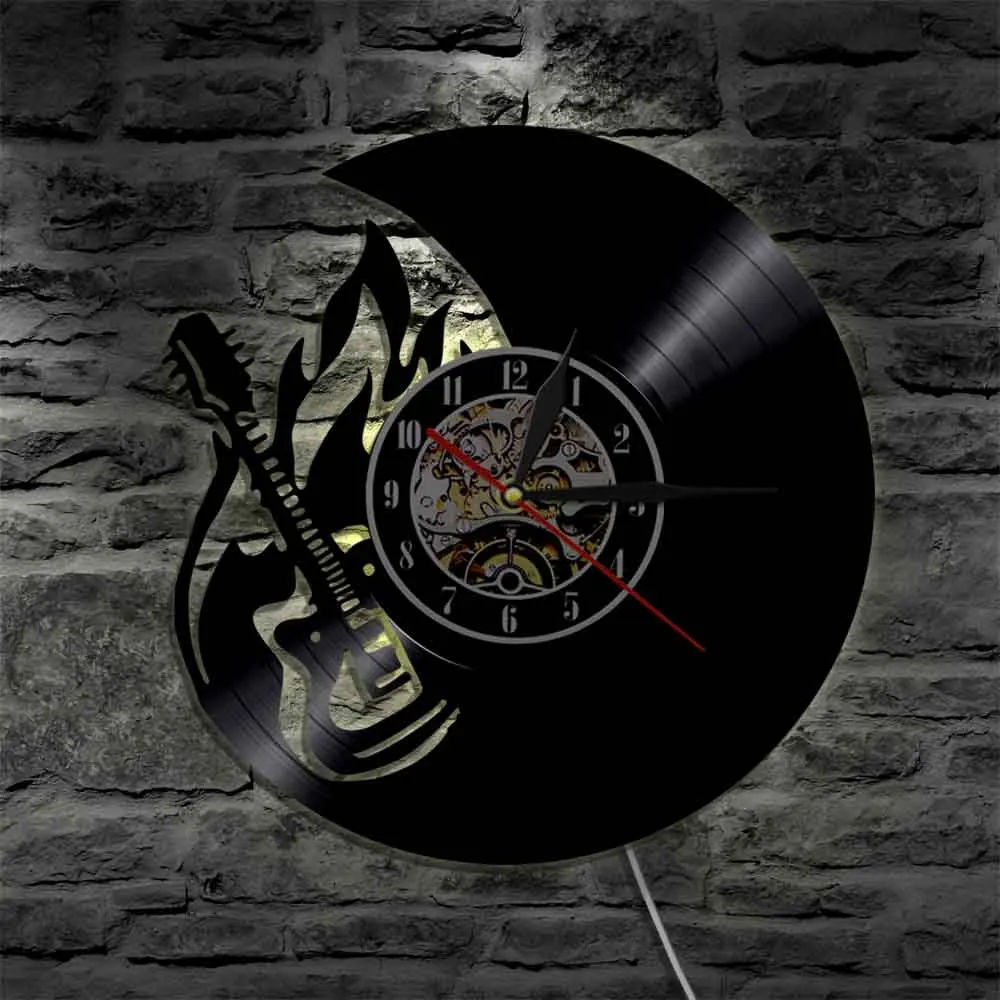 Rock And Roll Fire Guitar Wall Clock Home Decor Flaming Guitar Vinyl Record Clock Rock Band Music Fan Guitar Player Idea Regalo