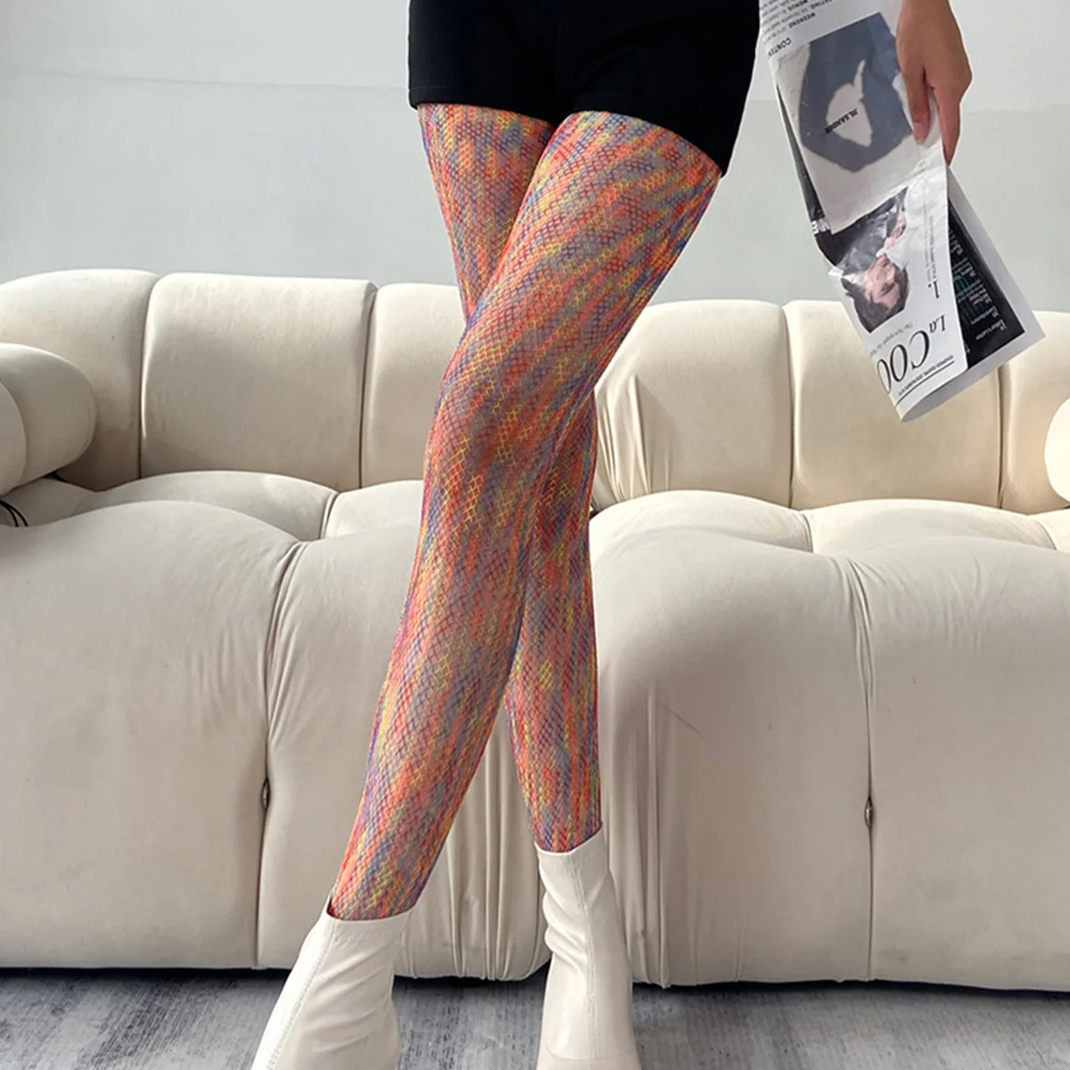 Japanese Rainbow Mesh Socks Women's Personalized Colored Pantyhose Spring and Autumn Gradient Party Silk Socks
