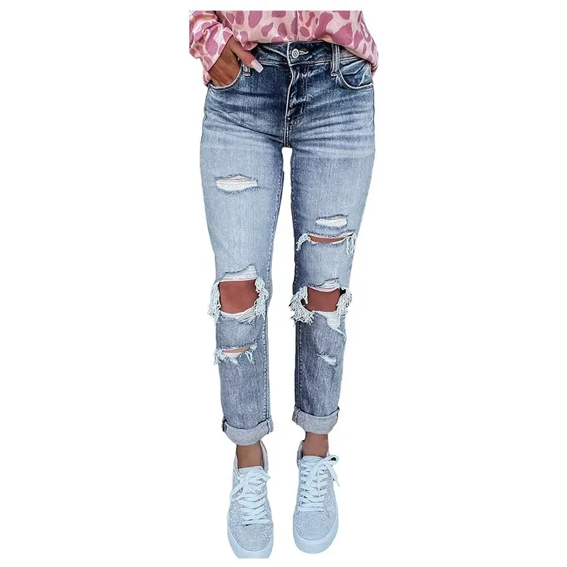 Women Stretch Skinny Hole Denim Pencil Pants 2021 Blue Ripped Jeans for Female Street Style Sexy Mid Waist Distressed Trousers