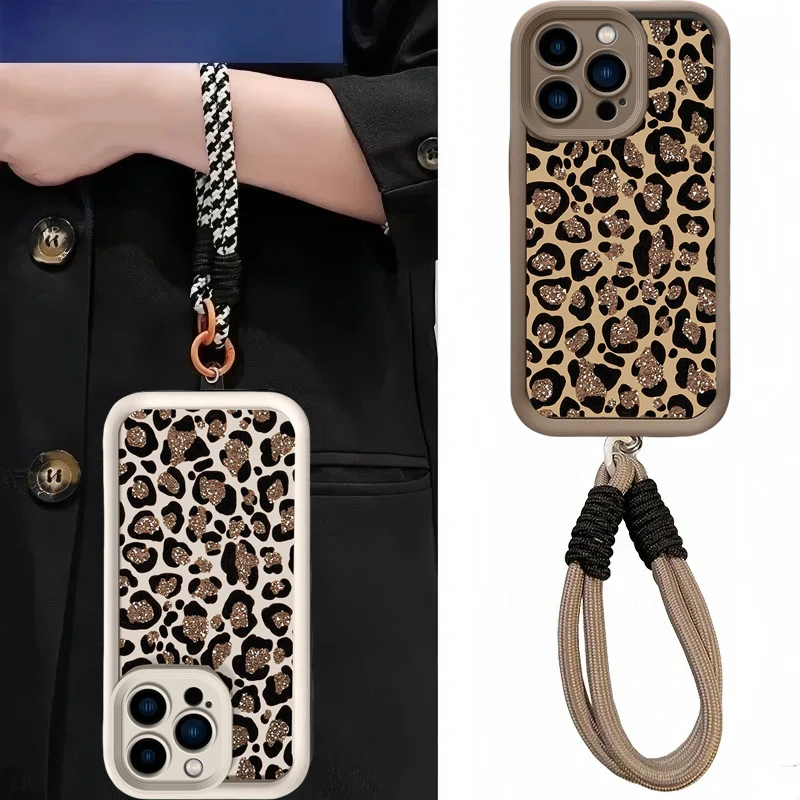 Brown Leopard Print Silicone Wrist Lanyard Phone Case