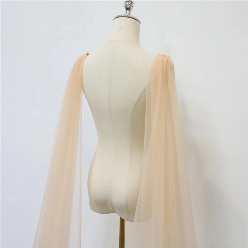 2Pcs Champagne Wedding Shoulder Cape Draped Veils Tulle Bridal Wings Cloak Cathedral Long Accessories For Brides With Clips