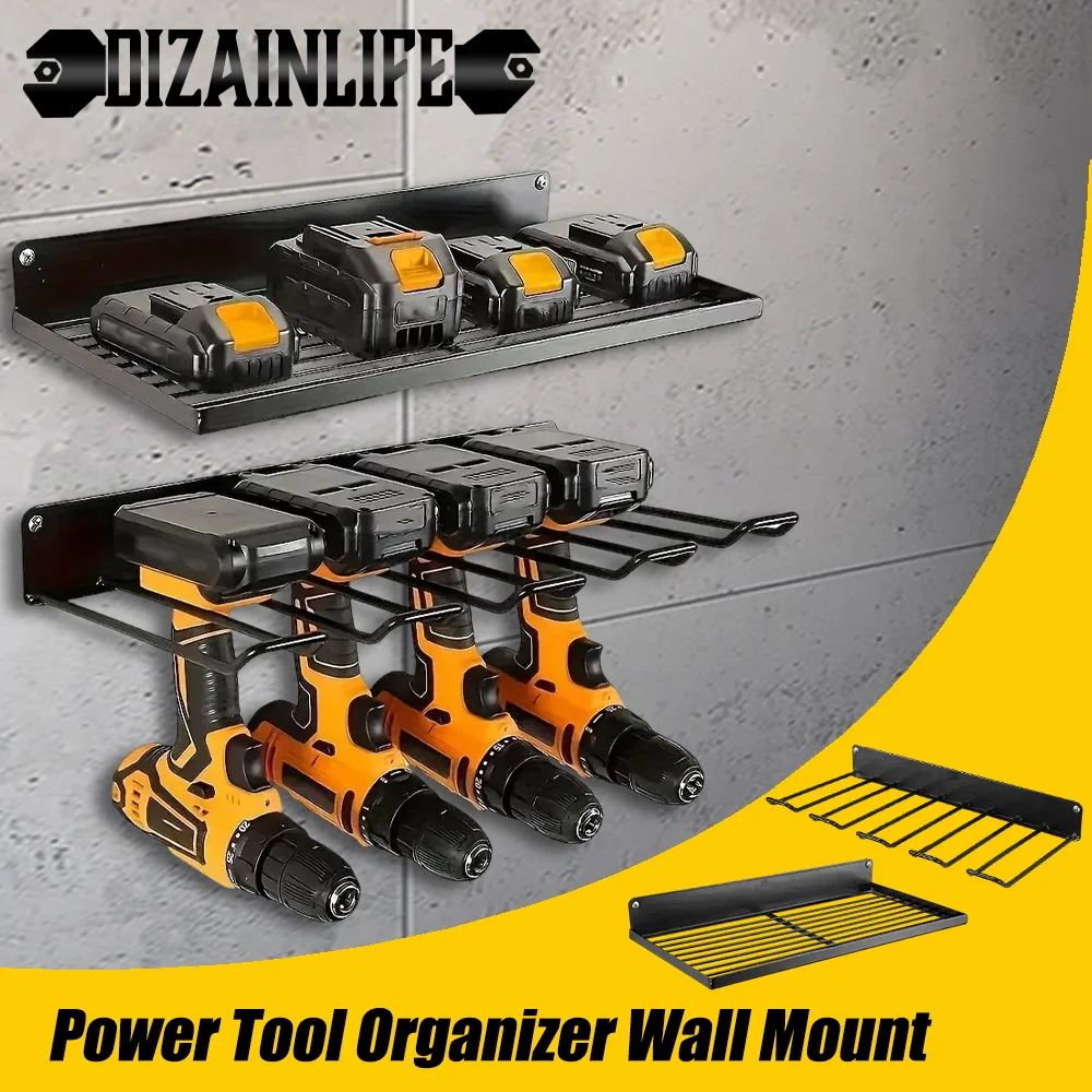 Power Tool Wall Mount Holder Space-Saving Drill Holder Battery Slot Heavy Duty Metal Tool Shelf Workshop Screwdriver Storage