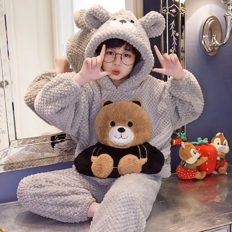 

Детская домашняя одежда с капюшоном и подкладкой из кораллового флиса, пижама для мальчиков и девочек на осень и зиму, модный теплый костюм, бесплатная доставка