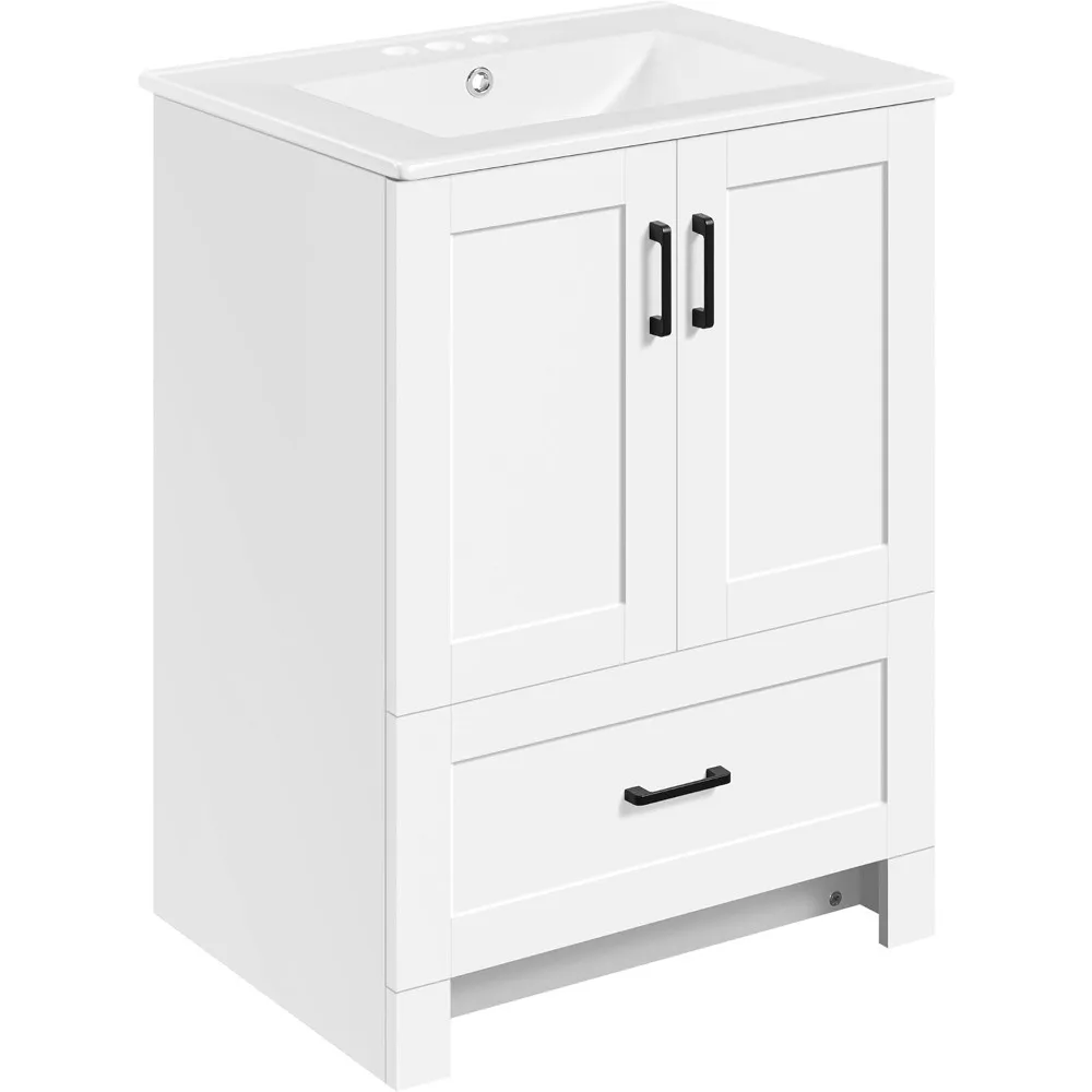24.5" Bathroom Vanity with Ceramic Basin, Undermount Vanity Sink Cabinet with 2 Doors and 1 Drawer, Bathroom Storage Cabinet 3