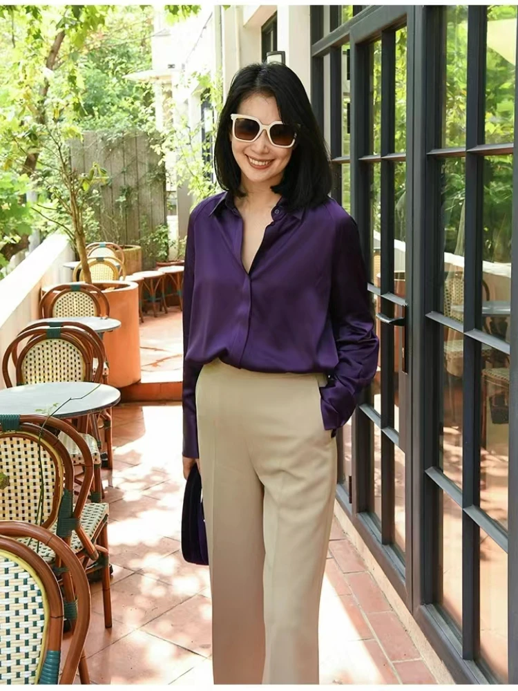 

Новинка 2024, Женская таинственная Фиолетовая рубашка из 100% шелка с рукавом реглан, тонкая рубашка с длинным рукавом