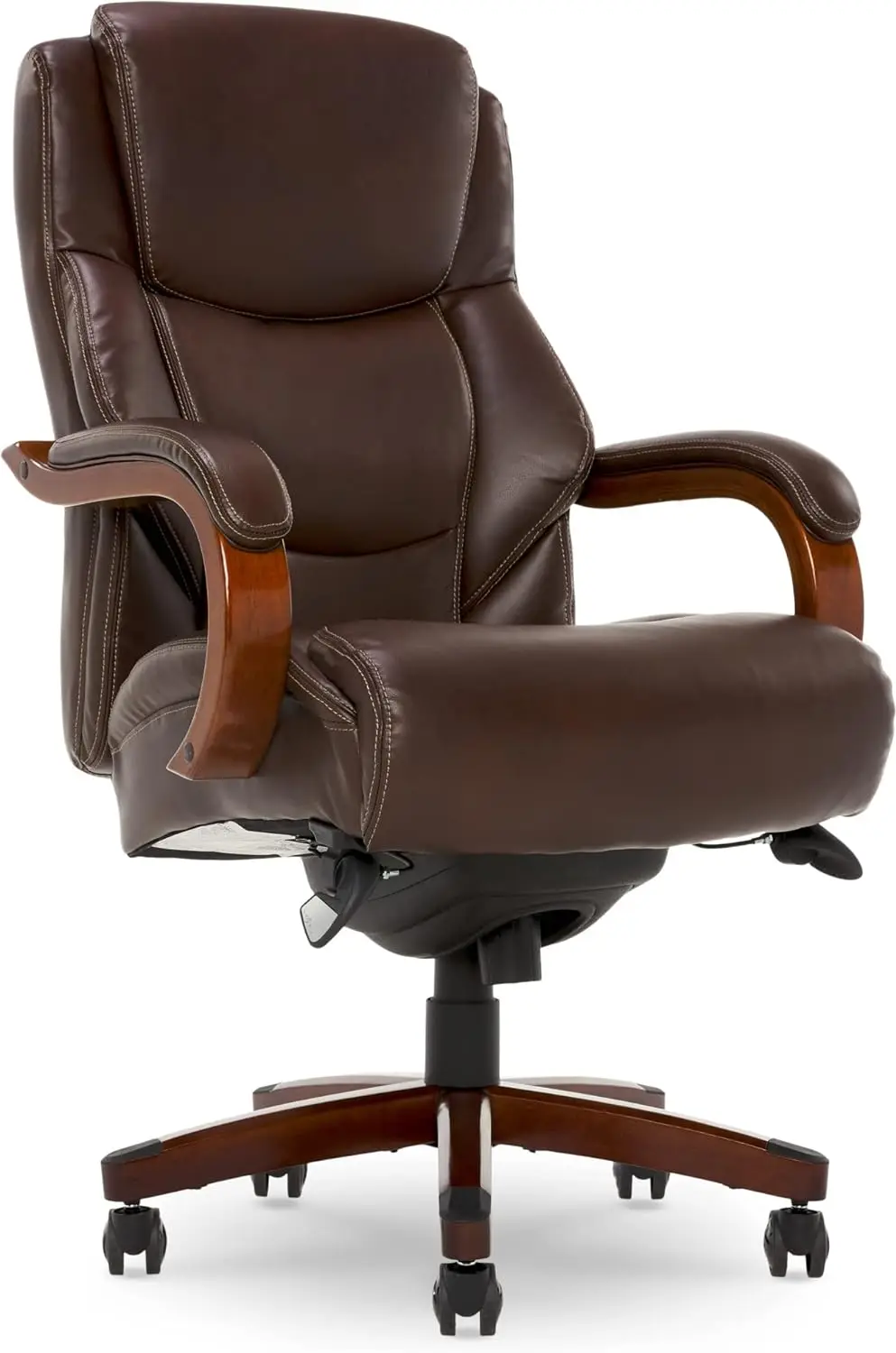Executive Office Chair High Back Ergonomic Lumbar Support Memory Foam Brown Bonded Leather Big & Tall Design Wood Frame Sturdy & 3