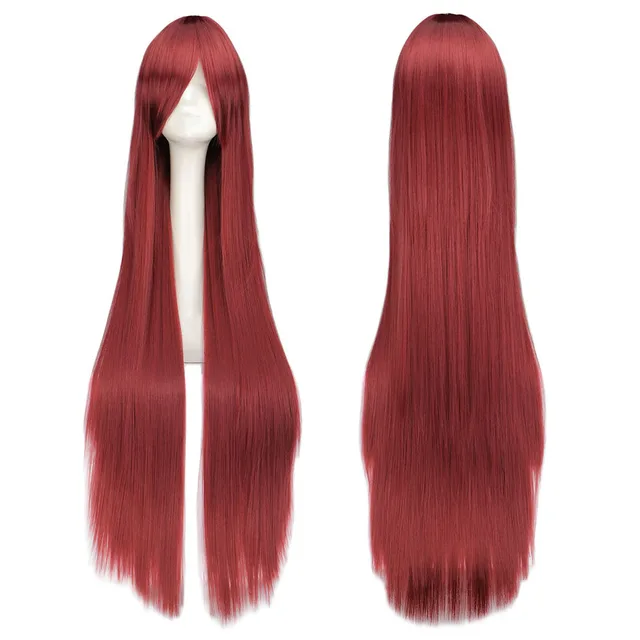 QQXCAIW Long Straight Cosplay Wig Black Purple Black Red Pink Blue Dark Brown 100 Cm Synthetic Hair Wigs wine red