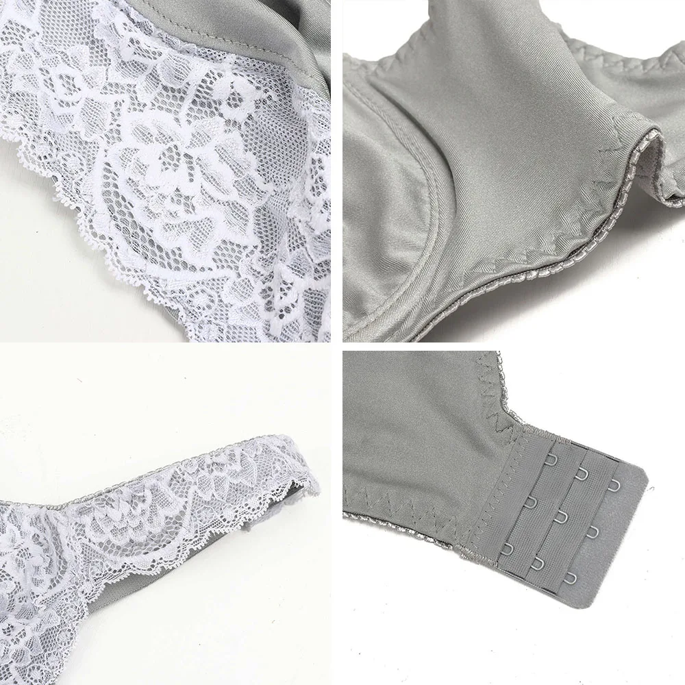Plus Size Bra Women Gray Sexy Lace Ultra-thin Minimizer Underwired Bralette Plus Size Lingerie C D DD E F G H I Cup