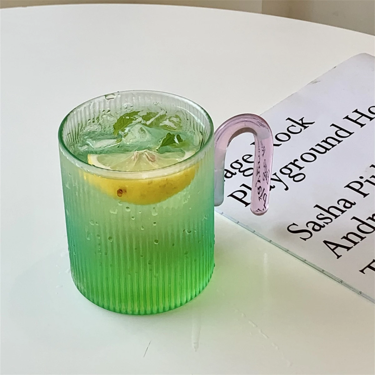 Korean Style Ins Style Colorful Vertical Pattern Glass Fresh Simple Couple Cup Household Tropical Handle Water Cup