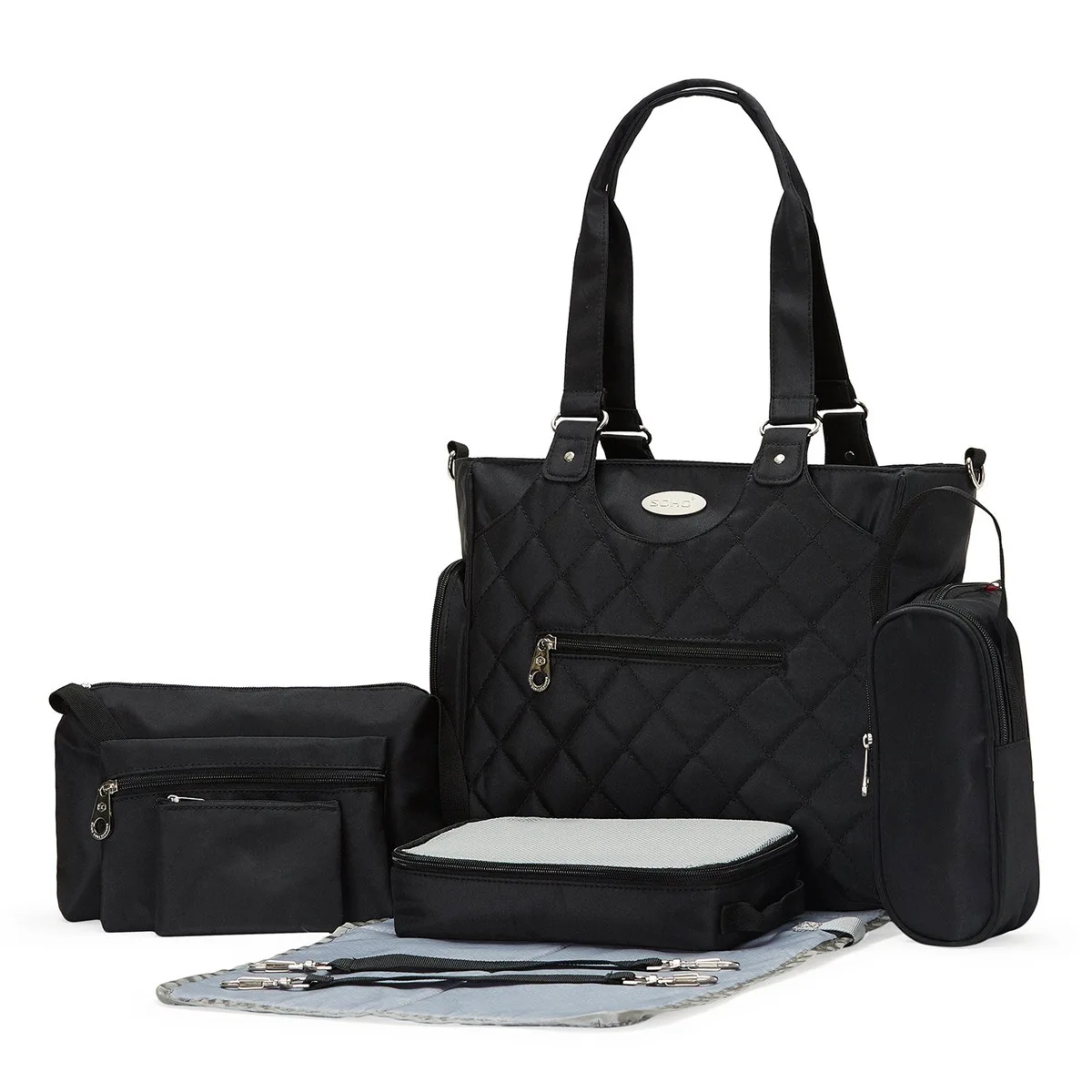 

SOHO multi-functional Mommy bag 9-piece diaper bag can be hung with baby carriage.