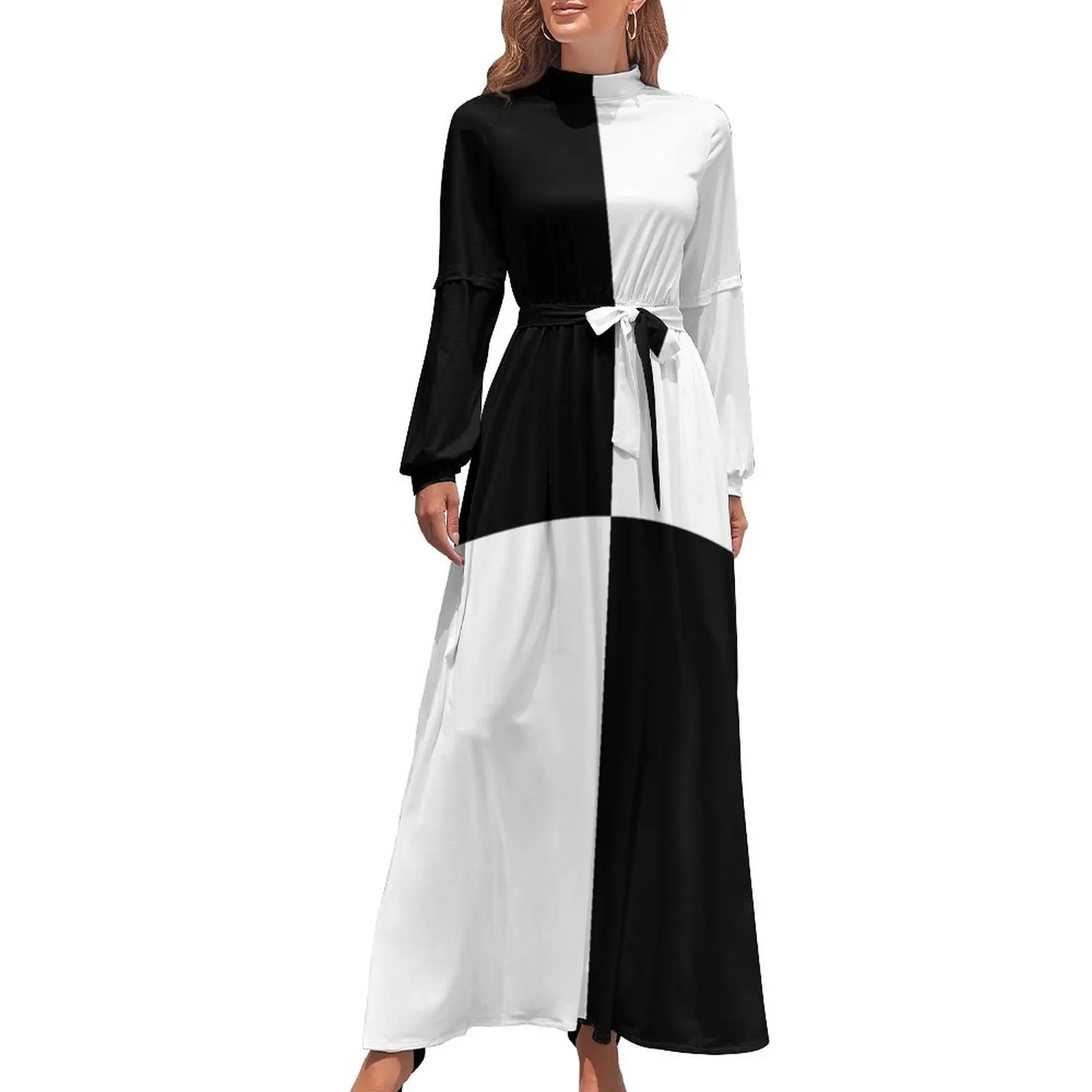 thumbnail image 1 of Vestido largo con bloques de contraste en blanco y negro Vestidos casuales Vestidos de noche Vestidos para mujer, 1 of 5