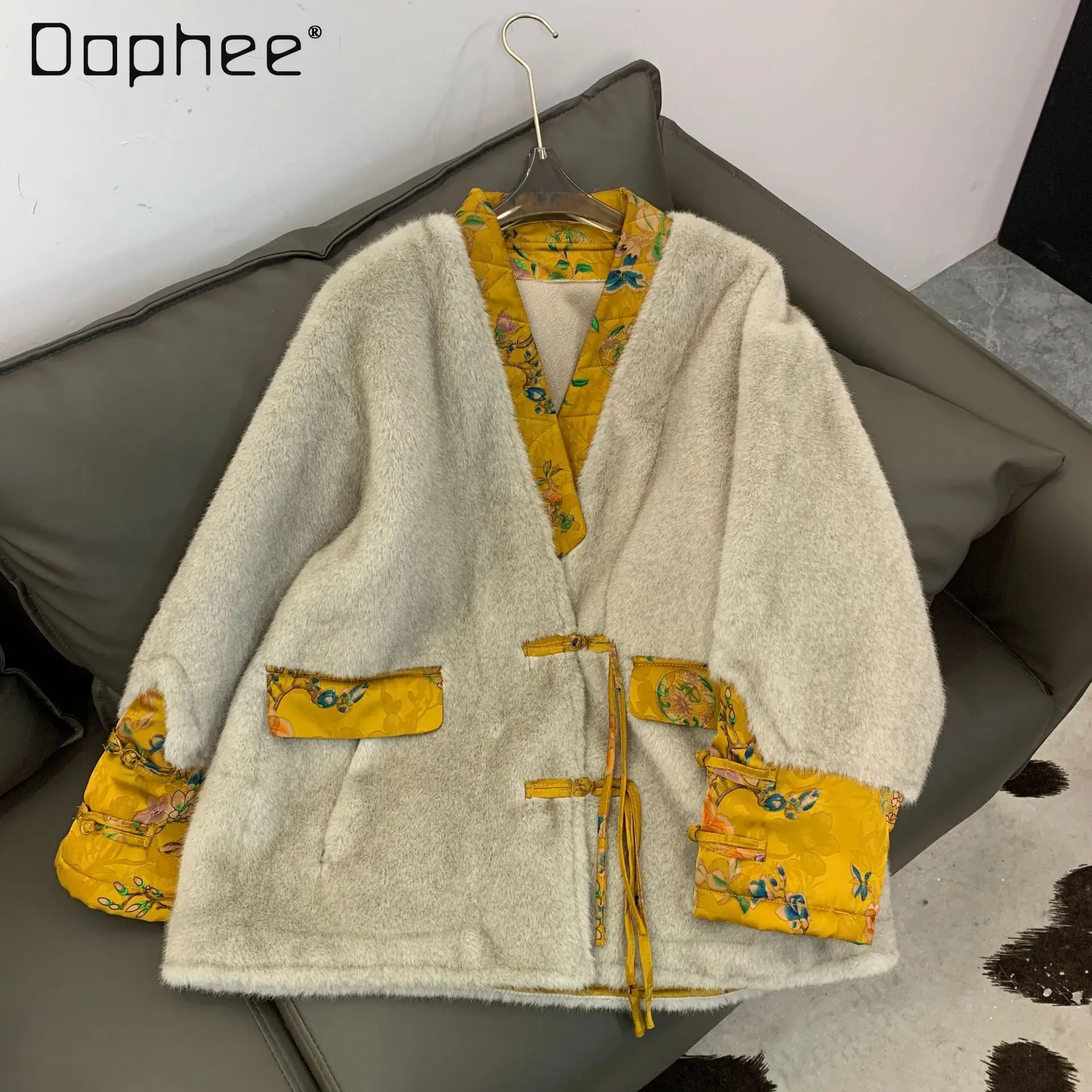 2023 New Fall Clothing Socialite Woman Imitated Mink Fur Furry Coat Chinese Style Retro Long Sleeve Mid-Length Jacket for Women