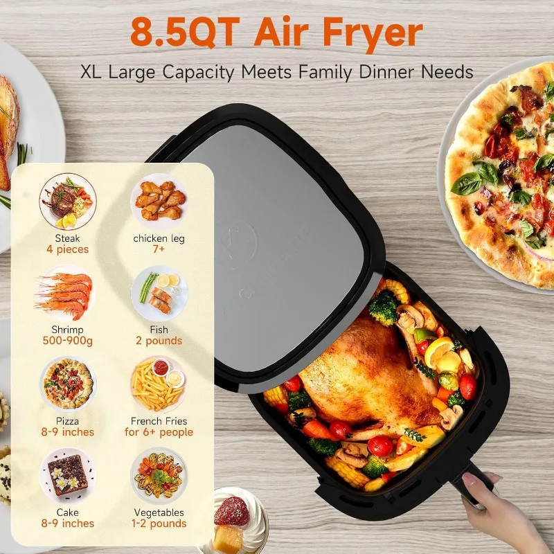8.5QT with View Window Large Airfryer, 8-in-1 Digital Control, 400°F Temp Controls, Nonstick Dishwasher-Safe, Space-Saving 2