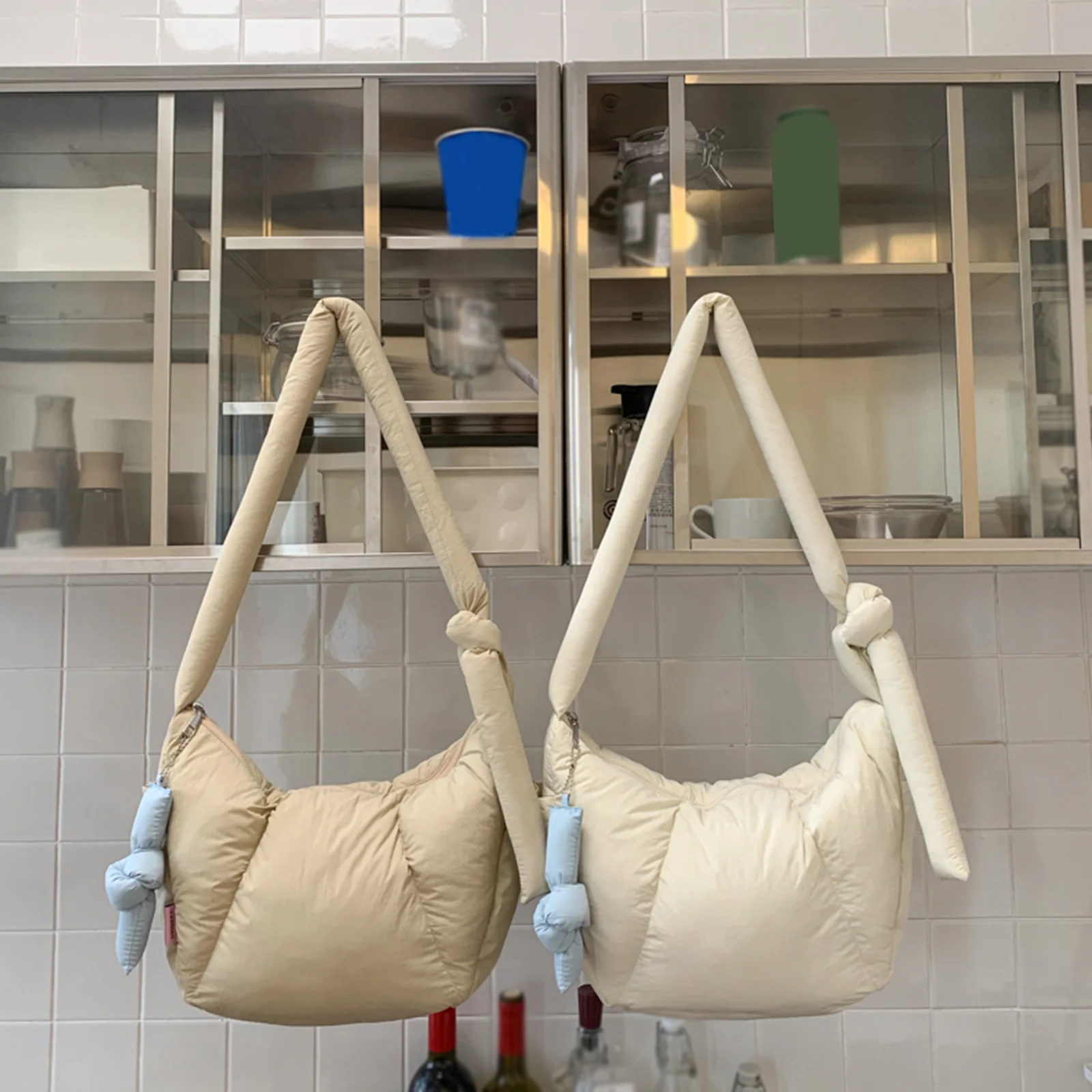 Quilted Nylon Plaid Travel Bag Solid Color Puffy Cotton Shoulder Bags Casual for Women Travel Shopping Daily Use