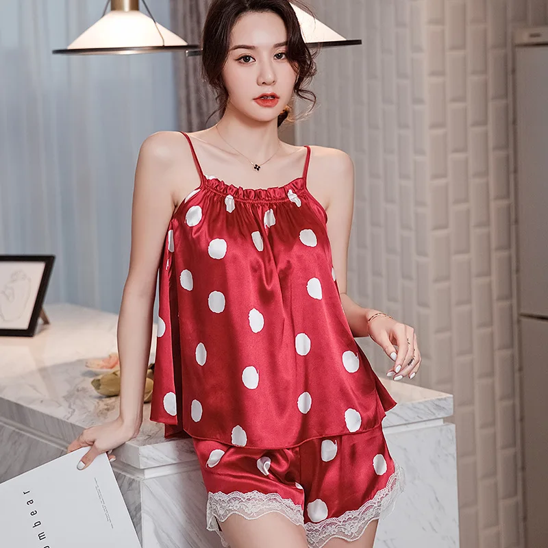 Sexy Womens Pajamas Sets Silk Satin Pijama V-Neck Sleeveless Pyjamas Cami Top Shorts Suit Sleepwear Homewear Nightwear Housewear
