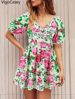 VigoCasey 2025 Female Sexy Print Evening Dress Women Summer Short Sleeve Casual Long Dress Lady Cross V Neck Tight Club Dresses